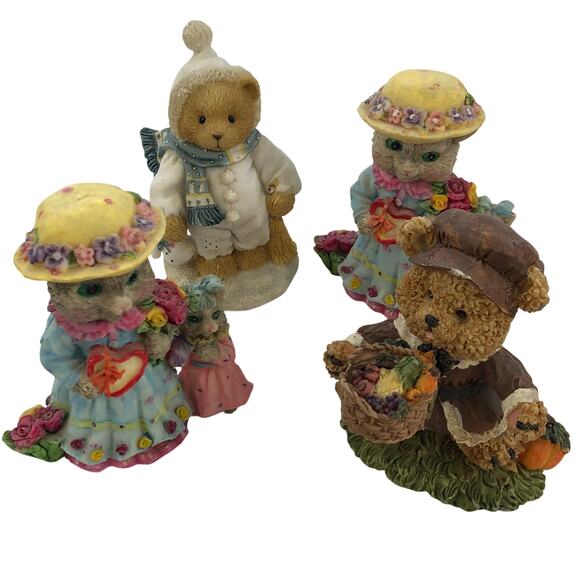 Holiday Teddy Bears & Cats Resin Figurines Seasonal Set of 4 - Picture 1 of 13